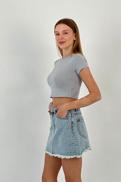 Miss Poem Women's Tight Summer Short Sleeve Short Gray Crop T-Shirt