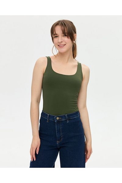 Ayma Active Khaki Women's Organic Cotton Self-Bra Back Low-cut Thick Strap Tank Top