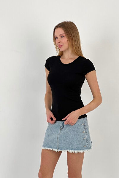 Miss Poem Women's Summer Short Sleeve Crew Neck Black T-Shirt