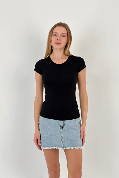 Miss Poem Women's Summer Short Sleeve Crew Neck Black T-Shirt