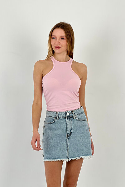 Miss Poem Women's Strappy High Neck Pink T-Shirt