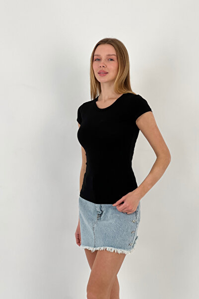 Miss Poem Women's Summer Short Sleeve Crew Neck Black T-Shirt