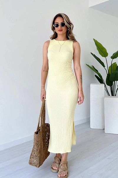 Sorridi Seersucker Fabric Zero Sleeve Draped Side Slit Maxi Dress