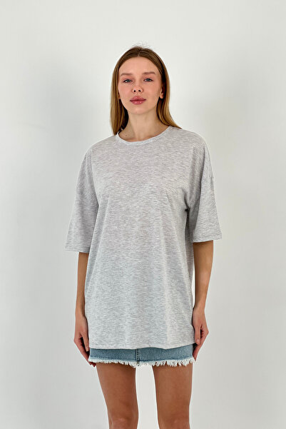 Miss Poem Women's Loose Summer Short Sleeve Oversize Long Gray T-Shirt