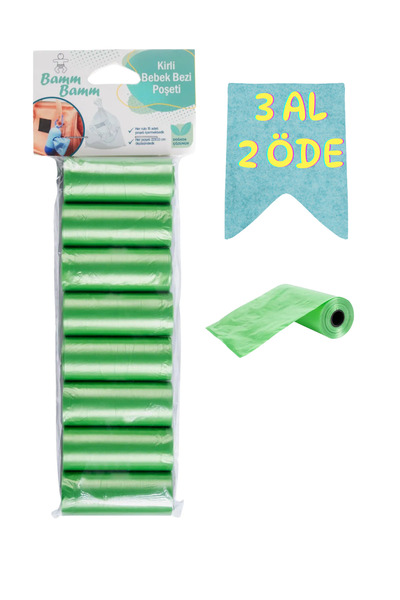 BAMM BAMM Kirli Bebek Bezi Poşeti Çanta Boy Yeşil 8 Rulo (120 Adet)