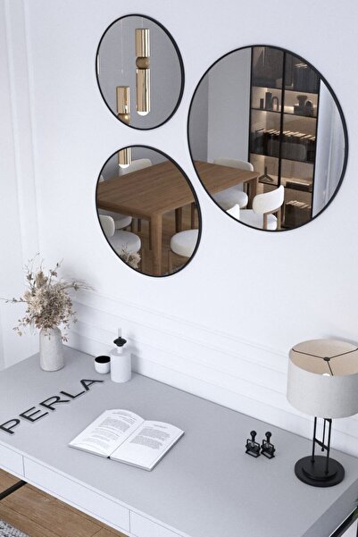 ysnn aksesuar 3lu Duvar Aynası Siyah Renk Metal Çerceveli Gümüş Ayna Takım 47-39_31 Cm Çapında