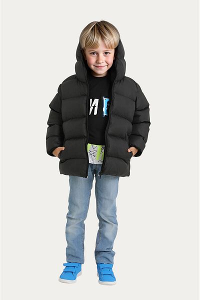 Firststops Sports Boy's Black Fleece Furry Hooded Waterproof Wind-Resistant Puffer Jacket