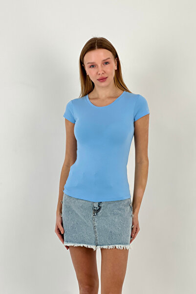 Miss Poem Women's Summer Short Sleeve Crew Neck Blue T-Shirt