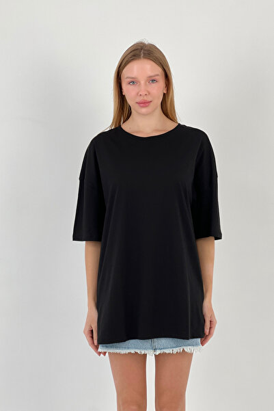 Miss Poem Women's Loose Summer Short Sleeve Oversize Long Black T-Shirt