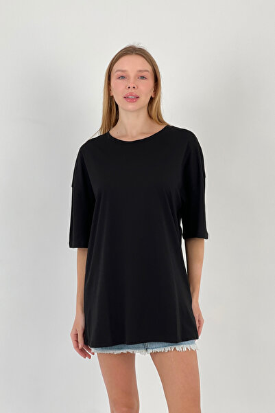 Miss Poem Women's Loose Summer Short Sleeve Oversize Long Black T-Shirt