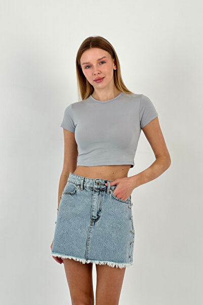 Miss Poem Women's Tight Summer Short Sleeve Short Gray Crop T-Shirt