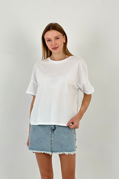 Miss Poem Γυναικείο κοντομάνικο φαρδύ λευκό μπλουζάκι καλοκαιριού oversized