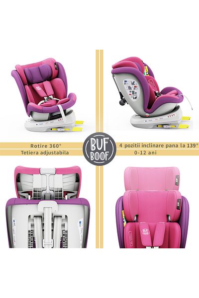 BUF BOOF Scaun auto TWT Plus iSize Buf Boof UnicornPink isofix Rotativ 360 Pozitie Somn Top Tether 40-150 cm
