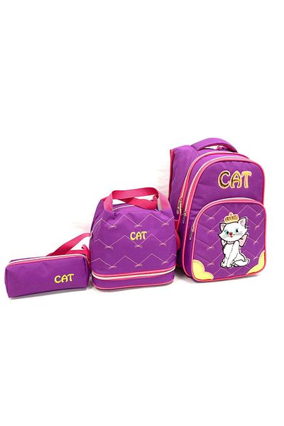 LUGMO Set rucsac pentru școală primară, cutie de prânz și suport pentru stilou Cat Purple