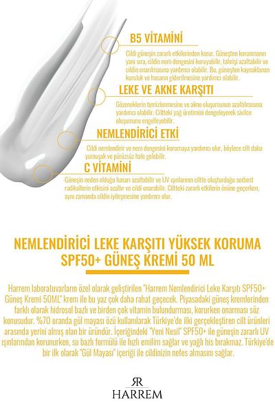 Harrem Anti-Blemish Brightening & Spf50 High Protection, Rose Yeast Extract, Moisturizing Sunscreen 50ml