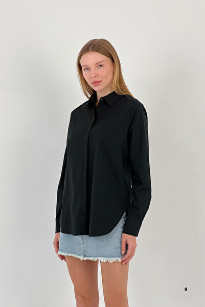 Miss Poem Women's Flexible Summer Tight Slim Fit Basic Black Shirt