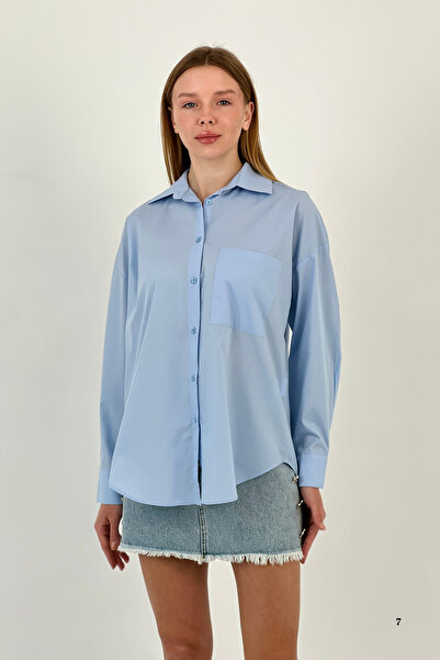 Miss Poem Cămașă albastră oversize de bază de vară pentru femei, cu buzunare