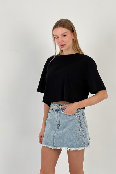 Miss Poem Women's Oversize Basic Short Sleeve Black Crop T-Shirt
