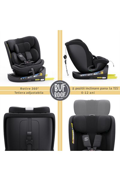 BUF BOOF Scaun Auto B-Joy DELUXE BUF BOOF iSIZE Black cu Isofix pozitie somn 155 grade rotativ 360 grade