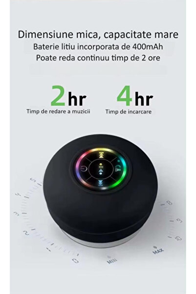 zyteq Boxa portabila ZYTEQ®️, Bluetooth 5.0, LED, wireless, IPX4, ventuza, baie, neagra