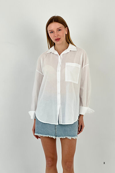 Miss Poem Women's Summer Long Pocket Oversize White Shirt
