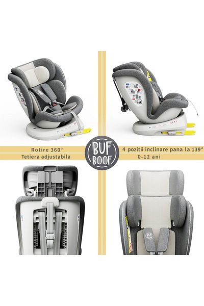 BUF BOOF Scaun auto TWT Plus iSize Buf Boof CreamGrey cu isofix Rotativ 360 Pozitie Somn Top Tether 40-150 cm