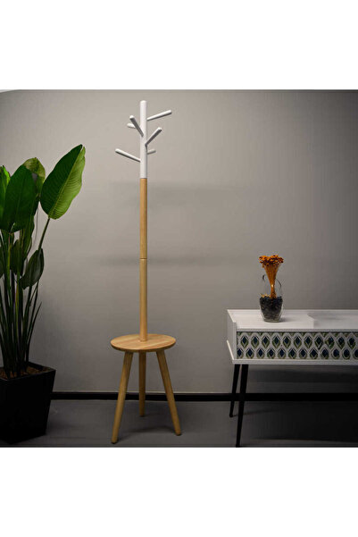 Adore Mobilya Handy Mate Sofia Tabureli Masif Askılık-BeyazNaturel 40x178x40 cm