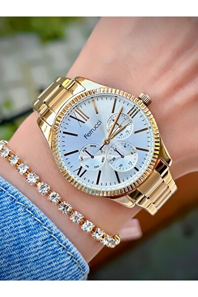 Ferrucci 2 Yıl Garantili Kadın Kol Saati Su Geçirmez Çelik Kordon Gold Altın Renk