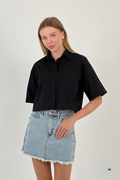 Miss Poem Women's Short Summer Pocket Loose Oversize Crop Black Shirt