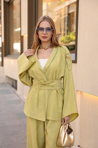 Butik Metal halkalı kuşaklı kimono takım - yeşil