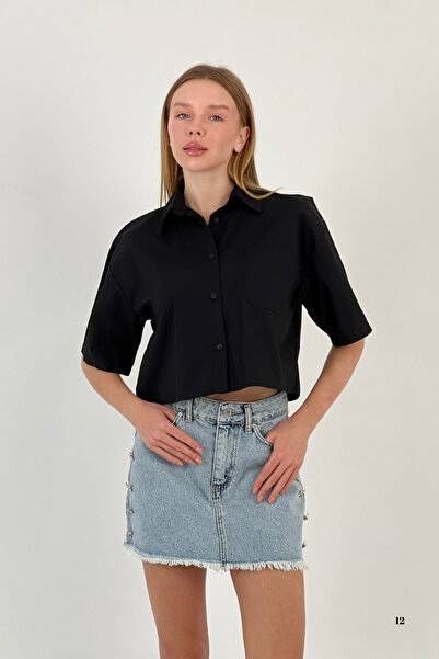 Miss Poem Women's Short Summer Pocket Loose Oversize Crop Black Shirt