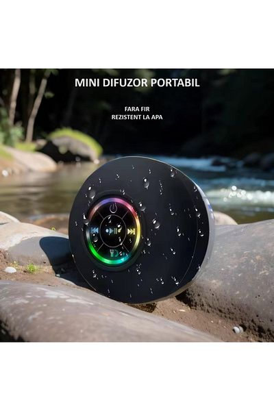 zyteq Boxa portabila ZYTEQ®️, Bluetooth 5.0, LED, wireless, IPX4, ventuza, baie, neagra