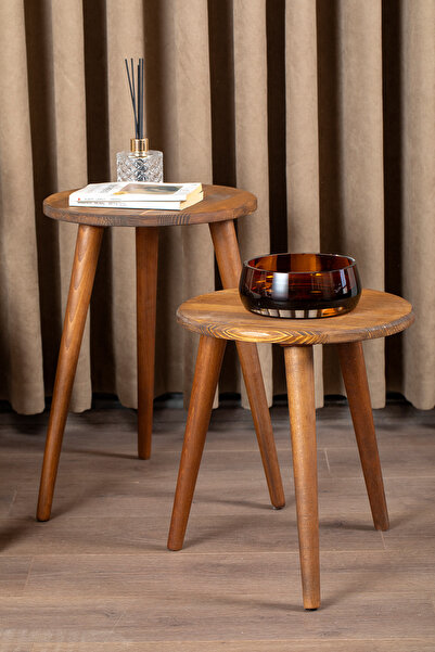 Aberteka Bohem İkili Doğal Ahşap, Açık Ceviz Modern, Yuvarlak Yan Sehpa / Sehpa