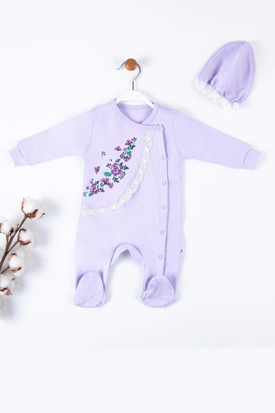 candar Lilac Floral Embroidered Baby Girl Jumpsuit - 3-9 Months with Hat