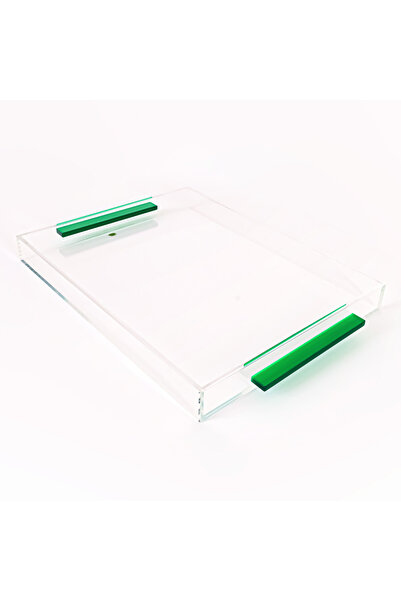Generic Luxury Clear Acrylic Square Serving Tray With Green Handle - 44 X 30 X 4 Cm - Ideal For Serving Food