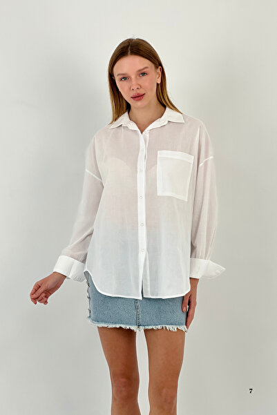 Miss Poem Women's Summer Long Pocket Oversize White Shirt