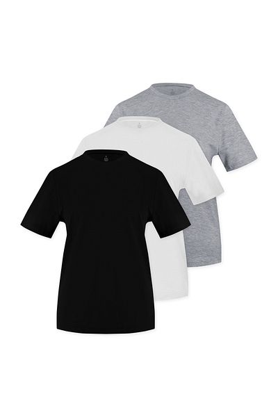 Soho Mood Pachet de 3 tricouri de bază pentru femei, 100% bumbac, cu gâtul rotund (1 negru, 1 alb, 1 gri)