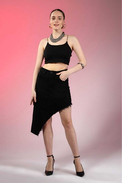 SHEVEGA Women's Black Skirt Tassel Asymmetric Cut Linen Skirt