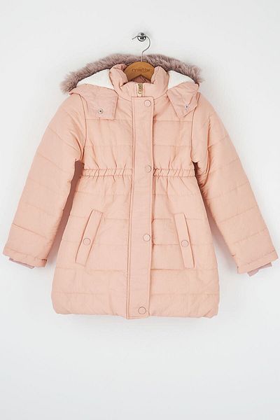 Mika Bebek & Çocuk Thick Fiber Filled Water Wind And Rain Proof Hooded Girl's Salmon Winter Luxury Puffer Coat