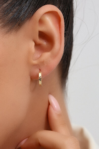 Altınkesesi 14 Ayar Altın Düz Desenli Çift Halka Küpe 1.3 Cm Gizli Kilit