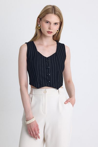 Rays Black Striped V-Neck Buttoned Crop Vest with Cuff Detail 4288A