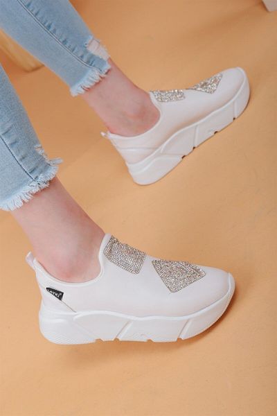 layki İmmobile White Colored Front Shiny Stone Parachute Fabric Lux Women's Sports Shoes