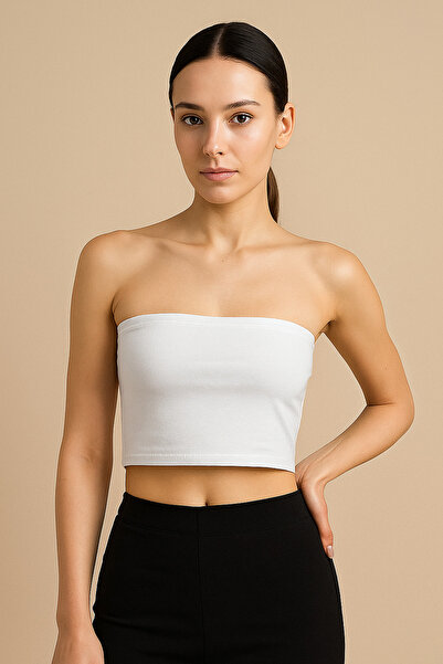 ModaPok Kadın Crop Top Askısız Düz Yaka | Rahat Ve Günlük Kullanma ( Ekru )
