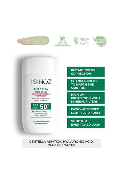 SİNOZ Sinoz Pure Cica Tratament Fluid Corector de Culoare cu Cremă de Protecție Solară SPF50 / Pa – Delicat și Protector