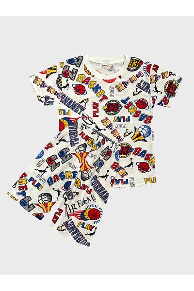 ALİŞ KİDS Set de pijamale de vară pentru băieți, din bumbac, alb, cu modele de baschet, cu pantaloni scurți cu mâneci scurte
