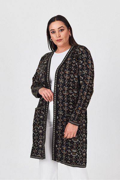 Uludağ Triko Cardigan Kilim cu buzunare lungi cu imprimeu floral negru pentru femei