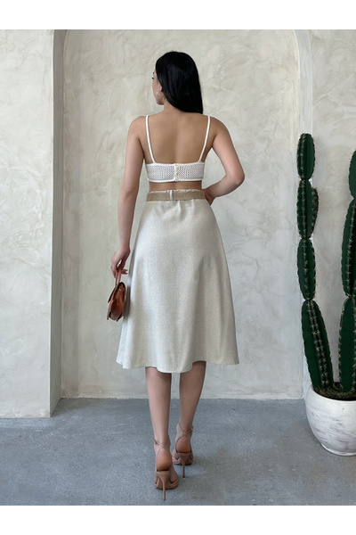 MD trend Women's Straw Belted Buttoned Midi Length Skirt