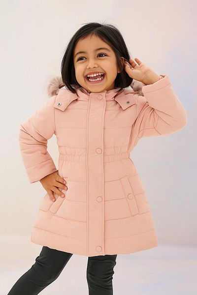 Mika Bebek & Çocuk Thick Fiber Filled Water Wind And Rain Proof Hooded Girl's Salmon Winter Luxury Puffer Coat
