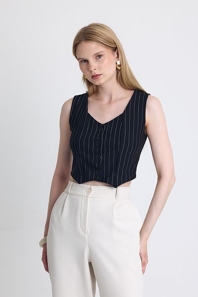 Rays Black Striped V-Neck Buttoned Crop Vest with Cuff Detail 4288A