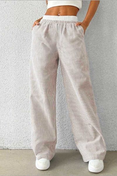 The Champ Clothing Women's Gray Striped Poplin Woven Trousers – High Waist Elastic Wide Leg Casual Model